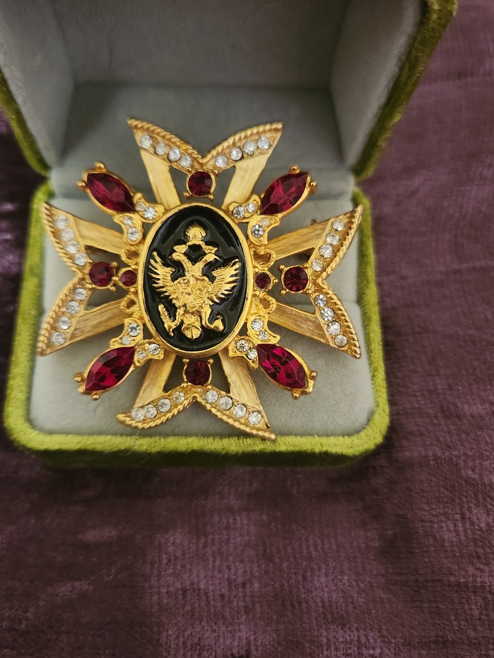 Gold and Red Ornate Heraldic Brooch - Women's Jewelry